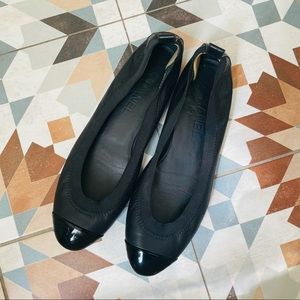 Chanel // Black Leather Cap Toe Ballerina Flats Shoes